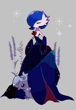 Rule 34 | 2others, alternate color, black dress, blue hair, bob cut, closed eyes, colored skin, commentary request, dress, espurr, gardevoir, gen 3 pokemon, gen 6 pokemon, grey fur, highres, mega gardevoir, mega pokemon, mendako (tyatyaumai29), multiple others, nintendo, pokemon, pokemon (creature), shiny pokemon, white skin