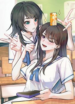 2girls absurdres anger_vein aqua_eyes bang_dream! bang_dream!_it's_mygo!!!!! black_hair blue_neckerchief blush cellphone chair chinese_commentary clothes_grab commentary_request desk drink_carton hanasakigawa_school_uniform hero45439083942 highres holding holding_phone long_hair medium_hair milk_carton mole mole_under_eye multiple_girls neckerchief neckerchief_grab open_mouth phone purple_eyes sailor_collar school_chair school_desk school_uniform shiina_taki shirt short_sleeves smartphone sparkle white_background white_sailor_collar white_shirt yahata_umiri