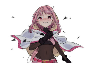 1girl absurdres belt belt_buckle black_gloves black_shirt blush bodystocking braid buckle clenched_hand clenched_hands clenched_teeth cloak commentary_request covered_navel cowboy_shot crop_top crying crying_with_eyes_open dot_nose floating_clothes gloves gold_buckle hair_through_hood highres hood hood_up hooded_cloak long_hair low_ponytail magia_record:_mahou_shoujo_madoka_magica_gaiden magical_girl mahou_shoujo_madoka_magica pink_belt pink_eyes pink_hair pink_skirt ponytail running sad shards shirt side_braids sidelocks simple_background skirt solo streaming_tears tamaki_iroha tears teeth turtleneck turtleneck_shirt twin_braids ultimate_magnum very_long_hair white_background white_cloak