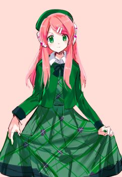 Rule 34 | 1girl, alternate costume, beret, bow, bowtie, brown background, closed mouth, collared shirt, dress, green bow, green bowtie, green dress, green eyes, green hat, green jacket, green nails, green trim, hair ornament, hairclip, hashtag-only commentary, hat, headphones, highres, jacket, long hair, looking at viewer, momone momo, open clothes, open jacket, pink hair, print dress, ramune55ni, shirt, simple background, smile, solo, utau, white shirt