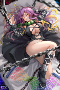 Rule 34 | 1girl, absurdres, ass, bead necklace, beads, bed sheet, black boots, black dress, blonde hair, blush, boots, chain, cleavage cutout, clothing cutout, commentary, convenient censoring, dress, edz drawz, english commentary, gradient hair, high heel boots, high heels, highres, hijiri byakuren, jewelry, long hair, long sleeves, looking at viewer, lying, multicolored hair, navel, necklace, no bra, no panties, on back, purple hair, restrained, solo, sorcerer's sutra scroll, thighs, touhou, two-tone hair, wavy hair