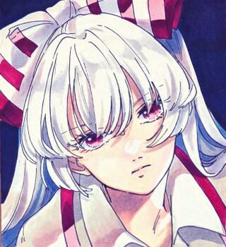 1girl bow brown_shirt closed_mouth collared_shirt commentary_request frown fujiwara_no_mokou grey_hair hair_bow long_hair looking_at_viewer mokoiscat portrait red_eyes shirt solo suspenders touhou