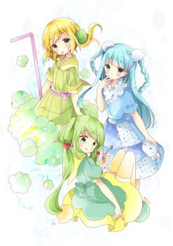 Rule 34 | 3girls, :>, :q, absurdres, bad id, bad pixiv id, bitter melon, blonde hair, blue hair, blue shirt, blunt bangs, blush, braid, cherry hair ornament, commentary request, dress, drinking straw, food, food-themed hair ornament, fruit, green dress, green eyes, hair ornament, hair scrunchie, hairclip, hand to own mouth, head tilt, highres, holding, holding spoon, holding stuffed toy, layered dress, looking at viewer, looking back, melon, mouth hold, multiple girls, original, oversized object, pinstripe pattern, polka dot, scrunchie, shirt, short sleeves, sitting, sleeves rolled up, spoon, standing, striped, stuffed animal, stuffed toy, thighhighs, tongue, tongue out, tsukiyo (skymint), twin braids, twintails, unmoving pattern, yellow legwear
