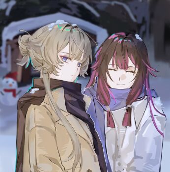 2girls absurdres alternate_costume black_hair black_scarf blue_eyes blue_scarf brown_coat brown_hair closed_eyes closed_mouth coat columbina_(genshin_impact) commentary_request contemporary genshin_impact hair_bun hair_intakes highres long_hair multicolored_hair multiple_girls outdoors purple_hair sandrone_(genshin_impact) scarf smile snow snow_on_head snowman two-tone_hair upper_body white_coat xinjinjumin599630364259