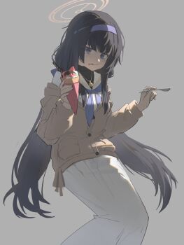 1girl absurdres black_hair blue_archive blue_eyes blue_neckerchief brown_cardigan cardigan commentary_request eating food grey_background hairband halo highres holding holding_food holding_ice_cream holding_spoon ice_cream jiyue_(murasame524) licking_lips long_hair long_skirt looking_at_viewer neckerchief purple_hairband school_uniform skirt solo spoon tongue tongue_out ui_(blue_archive)