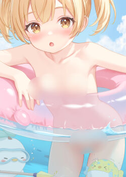 1girl bird blonde_hair blue_sky blur_censor breasts censored censored_nipples cloud commentary_request day fang fish highres innertube loli nude open_mouth orange_eyes original outdoors paid_reward_available partially_underwater_shot rebun short_hair skin_fang sky small_breasts smile swim_ring twintails
