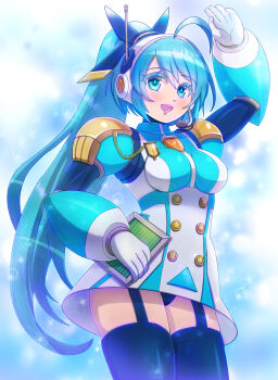 1girl alternate_costume alternate_hairstyle black_panties black_thighhighs blue_eyes blue_hair breasts cowboy_shot dress garter_straps high_ponytail highres kiwakiwa long_hair medium_breasts mega_man_(series) mega_man_x_(series) mega_man_x_dive panties ponytail rico_(mega_man) solo thighhighs underwear white_dress