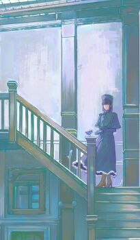 1girl black_dress black_eyes black_gloves black_hair blunt_bangs boots brown_boots capelet commentary commentary_request dress expressionless feathers fucha fur-trimmed_capelet fur-trimmed_dress fur_trim gloves hat high_heel_boots high_heels highres indoors kuonji_alice looking_at_viewer lost_robin_rondo mahou_tsukai_no_yoru medium_hair sidelocks solo stairs