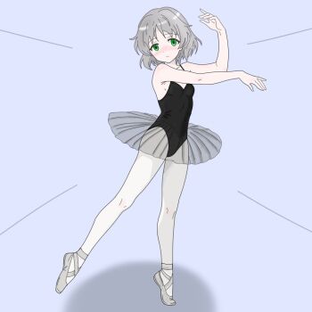 1girl alternate_costume arabesque_(pose) ballerina ballet ballet_slippers black_leotard blue_background blush breasts dancing full_body gnome_pasaran green_eyes hashtag-only_commentary leotard long_sleeves looking_at_viewer pantyhose sanya_v._litvyak short_hair simple_background small_breasts solo standing strike_witches white_hair white_pantyhose world_witches_series