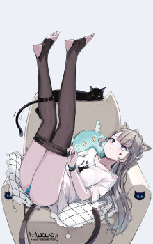 1girl animal_ear_fluff animal_ears black_pantyhose blonde_hair blue_panties breasts cat_ears chair collarbone genshin_impact highres legs_up liclac long_hair lynette_(genshin_impact) medium_breasts on_chair panties pantyhose shirt solo stirrup_legwear t-shirt tail thighs toeless_legwear underwear white_shirt