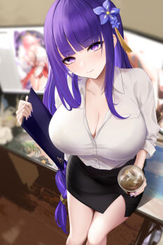 1girl black_skirt blunt_bangs blurry blurry_background blush bra_visible_through_clothes braid breasts cleavage closed_mouth collared_shirt cup dress_shirt drinking_straw flower genshin_impact hair_flower hair_ornament highres holding holding_cup indoors large_breasts liu_liaoliao long_hair long_sleeves looking_at_viewer mole mole_under_eye monitor multiple_monitors nail_polish purple_eyes purple_flower purple_hair purple_nails raiden_shogun shirt skirt solo standing very_long_hair white_shirt yae_miko