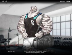 Rule 34 | 1boy, abs, animal ears, arknights, bag, bara, black shirt, blue eyes, bottle, bulge, character name, commentary, cross scar, duffel bag, english commentary, facial scar, furry, furry male, gym, highres, kusu (x kusunagi x), looking at viewer, male focus, mountain (arknights), multiple scars, muscular, muscular male, nipples, open mouth, paid reward available, pectorals, scar, scar across eye, scar on arm, scar on cheek, scar on chest, scar on face, shirt, shorts, sleeveless, sleeveless shirt, tail, talking, tiger boy, tiger ears, tiger stripes, tiger tail, watch, water bottle, white shorts, wristwatch