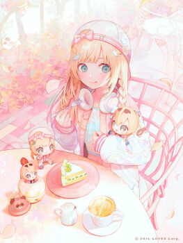 1girl aqua_eyes backwards_hat baseball_cap blonde_hair blunt_bangs bow braid chair coffee_pot commentary_request copyright_notice crop_top cup falling_leaves food food_on_face fork from_above hair_ornament hat hat_bow headphones headphones_around_neck holding holding_fork holding_stuffed_toy hololive jacket kazama_iroha kazama_iroha_(street) latte_art leaf leaf_hair_ornament letterman_jacket long_hair long_sleeves nakamura_hinata navel official_art on_chair outdoors pokobee round_table shortcake side_braid sitting solo stuffed_toy table teacup virtual_youtuber