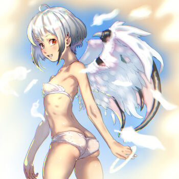 1girl ahoge angel angel_wings ass bare_shoulders black_wings blue_sky blush bob_cut bra bright_pupils butt_crack collarbone commentary covered_erect_nipples cowboy_shot demon_girl demon_wings fallen_angel feathered_wings feathers glowing_feather gradient_hair grey_hair grin hair_between_eyes halo halo_removed holding_halo looking_at_viewer looking_back looking_to_the_side lowleg lowleg_panties multicolored_hair naughty_face original outdoors paid_reward_available panties parted_lips petite red_eyes ribs see-through_bra see-through_clothes see-through_panties shedding short_hair sidelocks skindentation skinny sky smile solo soon_(c-u-soon) strapless strapless_bra twisted_torso two-tone_wings underwear underwear_only vignetting wet wet_bra wet_clothes wet_panties white_bra white_feathers white_hair white_panties white_wings wings