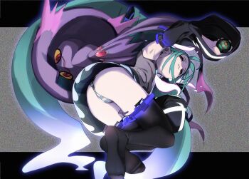 1girl armpits ass bare_shoulders black_sleeves black_thighhighs blue_hair colored_sclera colored_skin crossover dusk_ball film_grain from_below fu-ta gen_2_pokemon ghost glowing grey_shirt hatsune_miku holding holding_poke_ball long_hair long_sleeves looking_at_viewer misdreavus nintendo panties pleated_skirt poke_ball pokemon pokemon_(creature) purple_skin red_eyes shirt skirt static striped_clothes striped_panties thighhighs twintails underwear very_long_hair vocaloid yellow_sclera