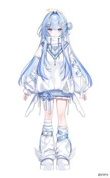 1girl angel angel_wings asymmetrical_clothes asymmetrical_legwear belt blue_belt blue_eyes blue_hair blush closed_mouth commentary_request company_name copyright_notice drawstring eris_suzukami eumi_114 flat_chest full_body hair_bun hair_intakes hair_ornament halo highres jewelry leg_warmers long_hair long_sidelocks long_sleeves looking_at_viewer low_wings miniskirt mismatched_legwear multiple_hair_clips neck_warmer necklace official_art pleated_skirt shoes sidelocks simple_background single_side_bun skirt solo standing sweater tachi-e torn_clothes torn_sweater v-neck virtual_youtuber vspo! vspo!_en white_background white_leg_warmers white_shoes white_skirt white_sweater wings x_hair_ornament