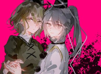 Rule 34 | 2girls, closed mouth, dress, expressionless, green dress, green eyes, green hair, grey eyes, grey hair, hair between eyes, hat, highres, holding hands, light smile, long hair, long sleeves, looking at viewer, medium hair, mononobe no futo, multiple girls, pink background, pom pom (clothes), ponytail, shirt, soga no tojiko, tate eboshi, touhou, upper body, white shirt, wssjzwcmd