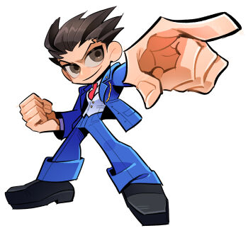 1boy abeiyuuu ace_attorney bird black_shoes blue_suit brown_eyes brown_hair chibi clenched_hand formal_clothes jacket male_focus necktie open_clothes open_jacket phoenix_wright pointing red_necktie shoes simple_background smile solo suit vest white_background