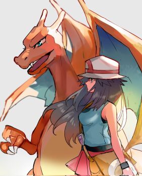 Rule 34 | 1girl, blue eyes, blue shirt, breasts, brown eyes, brown hair, bucket hat, charizard, claws, closed mouth, dragon, fangs, gen 1 pokemon, hat, highres, kash-phia, leaf (pokemon), long hair, nintendo, open mouth, pokemon, pokemon (creature), pokemon frlg, porkpie hat, red skirt, shirt, simple background, skirt, sleeveless, sleeveless shirt, tail, white hat, wings, wristband, yellow bag