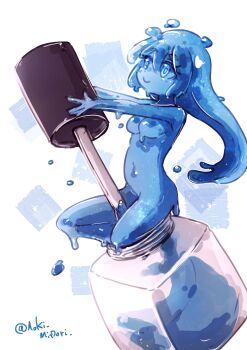 1girl aoki_midori_(artist) blue_eyes blue_hair blue_skin colored_skin cosmetics glass_container highres monster_girl nail_polish nail_polish_bottle nail_polish_brush nude original slime_girl