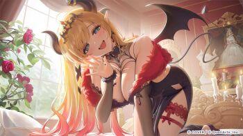 1girl :d aqua_eyes artist_request barefoot black_dress black_horns blonde_hair breast_tattoo breasts candlestand cleavage commentary_request curtains demon_girl demon_horns demon_tail demon_wings detached_sleeves dress fur-trimmed_dress fur_trim gradient_hair highres hololive hololive_dreams horns large_breasts long_hair looking_at_viewer multicolored_hair official_alternate_costume official_art open_mouth pink_hair pointy_ears second-party_source side_slit smile solo swept_bangs tail tattoo thigh_strap tiara virtual_youtuber waving winged_heart winged_heart_tattoo wings yuzuki_choco