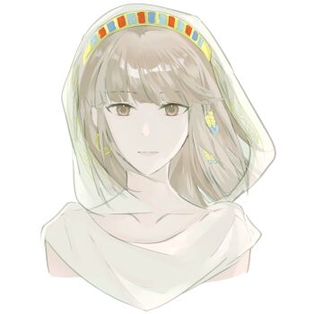 1girl bare_shoulders beads blunt_bangs brown_eyes brown_hair character_request chinese_commentary cloak closed_mouth collarbone commentary_request cropped_torso earrings expressionless floating_hair gold_earrings hair_beads hair_ornament highres hood hood_up hooded_cloak hoop_earrings infinity_nikki jewelry long_hair nikki_(series) pink_lips simple_background solo straight-on white_background white_cloak wind wuwangwo88151