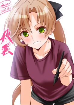 1girl akigumo_(kancolle) akigumo_kai_ni_(kancolle) all_fours alternate_costume artist_name black_shorts brown_hair character_name commentary_request dated engo_(aquawatery) green_eyes grin kantai_collection long_hair ponytail purple_shirt shirt shorts simple_background smile solo stylus t-srhit white_background