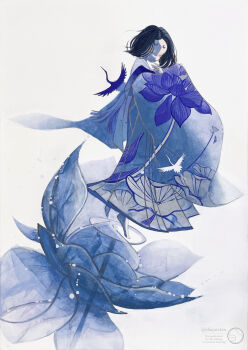 1girl absurdres animal_print artist_logo bird bird_print bob_cut closed_eyes closed_mouth commentary_request crane_(animal) eyelashes eyeshadow floating_hair floral_print floral_print_kimono flower food from_side full_body highres japanese_clothes kimono logo lotus lotus_print makeup original parted_bangs print_kimono red_eyeshadow shiguretau short_hair simple_background solo standing traditional_media turning_head twitter_username wide_sleeves