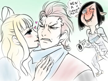 1boy 2girls alternate_costume black_hair blonde_hair blue_eyes blush bow charlotte_(fire_emblem) dragon_girl eyepatch female_corrin_(fire_emblem) fire_emblem fire_emblem_fates hair_bow hand_on_another&#039;s_chest kiss kissing_cheek long_hair multiple_girls ninja nintendo one_eye_closed pointy_ears red_hair revolting_rat short_hair simple_background speech_bubble telescope wavy_hair