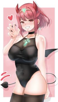 1girl absurdres black_leotard black_tail black_thighhighs black_wings blush border breasts chest_jewel claw_pose core_crystal_(xenoblade) cowboy_shot demon_girl demon_horns demon_tail demon_wings earrings glowing halloween heart highres horns jewelry large_breasts leotard meipasuye pyra_(xenoblade) red_background red_eyes red_hair red_horns see-through_cleavage see-through_clothes short_hair simple_background skindentation smile solo tail thighhighs tiara white_border wings xenoblade_chronicles_(series) xenoblade_chronicles_2