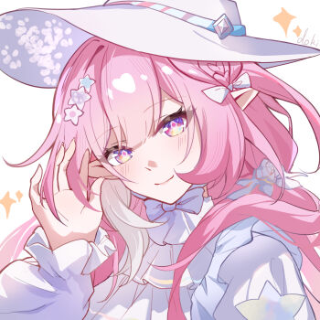 1girl absurdres artist_name commentary_request cyrene_(honkai:_star_rail) cyrene_(ripples_of_past_reverie)_(honkai:_star_rail) diamond-shaped_pupils diamond_(shape) dress hat highres honkai:_star_rail honkai_(series) long_hair looking_at_viewer lubeludlk multicolored_hair official_alternate_costume pink_hair pointy_ears purple_eyes simple_background solo symbol-shaped_pupils two-tone_hair very_long_hair white_background white_dress white_hair white_hat