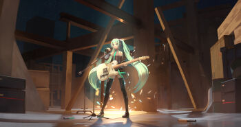 1girl absurdres bare_shoulders black_skirt black_thighhighs blue_eyes collared_shirt commentary detached_sleeves donghai_xian_yuwang english_commentary full_body green_hair green_necktie grey_shirt guitar hand_up hatsune_miku highres holding holding_guitar holding_instrument holding_microphone instrument long_hair long_sleeves looking_ahead microphone miniskirt necktie night night_sky pleated_skirt shirt skirt sky sleeveless sleeveless_shirt solo stage standing thighhighs twintails underlighting very_long_hair vocaloid wide_sleeves zettai_ryouiki