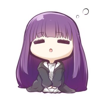 1girl :o =_= black_robe chibi closed_eyes commentary_request dress facing_viewer fern_(sousou_no_frieren) full_body highres hood hood_down hooded_robe kuena long_hair long_sleeves open_clothes open_mouth open_robe puffy_long_sleeves puffy_sleeves purple_hair robe simple_background sleeves_past_wrists solo sousou_no_frieren very_long_hair white_background white_dress