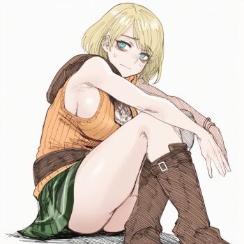 1girl ashley_graham ass blonde_hair blue_eyes boots breasts knee_boots lapis_slopzuli looking_at_viewer resident_evil resident_evil_4 resident_evil_4_(remake) ribbed_sweater short_hair sitting skirt sleeveless solo sweatdrop sweater
