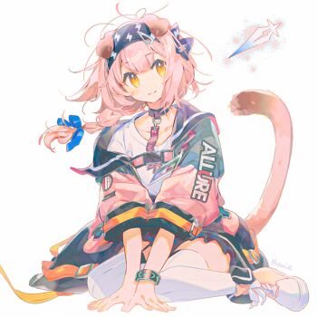 Rule 34 | 1girl, animal ears, arknights, artist name, black collar, black hairband, blue bow, blue jacket, bow, braid, cat ears, cat girl, cat tail, clothes writing, collar, commentary, floppy ears, goldenglow (arknights), hair bow, hair ornament, hairband, hairclip, id card, infection monitor (arknights), jacket, long hair, looking at viewer, multicolored jacket, namie-kun, pink hair, pink jacket, shirt, shoes, simple background, sitting, smile, solo, symbol-only commentary, tail, tail raised, thighhighs, two-tone jacket, wariza, white background, white shirt, white shoes, white thighhighs, yellow eyes