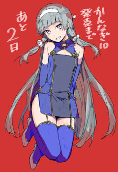 1girl blue_thighhighs countdown elbow_gloves female_focus full_body garter_straps gloves grin hair_ornament kannagi long_hair nagi purple_eyes red_background shoes side_slit silver_hair simple_background smile solo takenashi_eri thighhighs very_long_hair