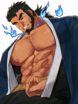 Rule 34 | 1boy, abs, absurdres, bara, bare pectorals, beard, black hair, blue fire, chinstrap beard, commentary request, cowboy shot, dark-skinned male, dark skin, facial hair, facial scar, fire, forked eyebrows, highres, japanese clothes, kimono, large pectorals, looking at viewer, male focus, mature male, muscular, muscular male, navel, nipples, pectorals, route (ealger50703), sandayu (housamo), scar, scar on cheek, scar on face, seductive smile, smile, solo, stomach, thick eyebrows, tokyo houkago summoners