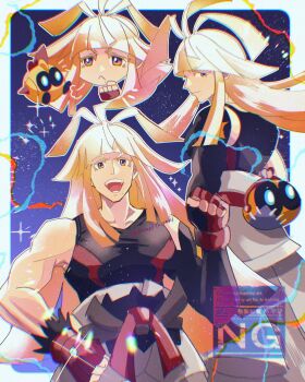 :&lt; :d ahoge belt belt_pouch biceps black_gloves blonde_hair blue_background blue_eyes clenched_hands colored_eyelashes dougi falinks fingerless_gloves from_behind gen_8_pokemon gloves hand_on_own_hip highres ivor_(pokemon) karate_gi large_pectorals long_eyelashes long_hair mega_stone mole mole_under_mouth muscular muscular_male nintendo open_mouth pectorals pokemon pokemon_(creature) pokemon_legends:_z-a pouch red_belt red_gloves skin_tight smile star_(sky) tasteoftaiyaki