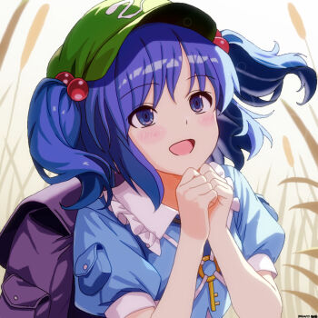 Rule 34 | 1girl, backpack, bag, blue eyes, blue hair, blue shirt, blush, collared shirt, commentary request, frilled shirt collar, frills, green hat, hair bobbles, hair ornament, hat, jewelry, kawashiro nitori, key, key necklace, mist9801km, necklace, open mouth, puffy short sleeves, puffy sleeves, purple bag, shirt, short sleeves, smile, solo, touhou, two side up, upper body