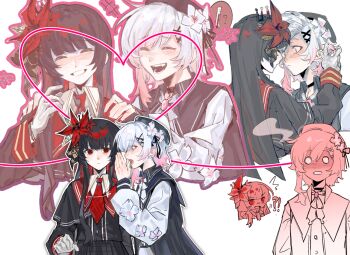 Rule 34 | !?, 2girls, ^^^, beret, black hair, black hat, black shirt, blunt bangs, blush, cherry blossoms, chibi, chinese commentary, closed eyes, collared shirt, commentary request, fang, flower, gradient hair, hair flower, hair ornament, hat, heart, heart of string, highres, lnyulingyu77609, long hair, long sleeves, looking at another, mahou shoujo no majo saiban, multicolored hair, multiple girls, multiple views, nikaido hiro, o o, open mouth, pink eyes, pink hair, red eyes, sakuraba ema, shirt, short hair, smile, surprised, upper body, whispering in ear, white flower, white hair, x hair ornament, yuri