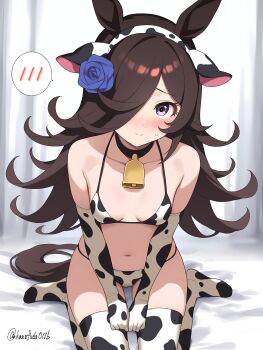 1girl absurdres animal_ear_hairband animal_ears animal_print bare_shoulders bell bikini blue_flower blush breasts closed_mouth cow_ear_hairband cow_ears cow_print cow_print_bikini cow_print_gloves cow_print_thighhighs elbow_gloves fake_animal_ears flower gloves hair_flower hair_ornament hair_over_one_eye hairband hanafuda_(hanafuda0116) highres horse_ears horse_girl horse_tail long_hair navel neck_bell print_bikini print_gloves print_thighhighs rice_shower_(umamusume) sidelocks sitting small_breasts smile solo stomach swimsuit tail thighhighs umamusume wariza