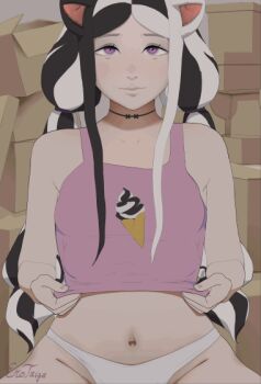 1girl animal_ears animated animated_gif bandaid bandaids_on_nipples black_hair breast_drop cat_ears cat_girl cat_tail clothes_lift covered_erect_nipples extra_breasts low_twintails milla_(erotaiga) multicolored_hair original panties pasties purple_eyes shirt_lift solo split-color_hair tail tank_top teemu_taiga twintails underwear white_hair