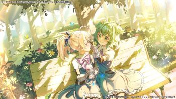 2girls adjusting_another&#039;s_hair ahoge ando_tazusa antenna_hair artist_request assault_lily bench black_ribbon black_thighhighs blonde_hair blue_butterfly blue_dress blush bow bowtie bug bush butterfly closed_mouth commentary_request copyright_notice cowboy_shot cup day disposable_cup dress drinking_straw dutch_angle facing_another falling_leaves flower frilled_dress frills gauntlets green_eyes green_hair hair_ribbon hands_up holding holding_cup insect leaf looking_at_another multiple_girls official_alternate_costume official_art on_bench outdoors park park_bench pink_flower ponytail profile purple_bow purple_bowtie ribbon short_hair short_sleeves side-by-side sitting smile striped_ribbon sunlight thighhighs tree tree_shade two-tone_dress two_side_up white_dress yellow_butterfly yellow_flower yellow_ribbon yoshimura_thi_mai