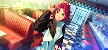 1boy arm_up bangs_pinned_back ceiling_light chair closed_mouth couch curtained_hair dart door ensemble_stars! feature_scout_2_(ensemble_stars!) fingernails game_cg green_eyes hair_ornament hairclip happy_elements high_collar holding_dart indoors isara_mao jacket layered_clothes long_sleeves looking_at_viewer male_focus official_art open_clothes open_jacket poster_(object) red_hair short_hair smile solo split_mouth table third-party_source upper_body window