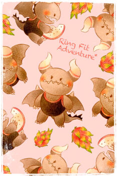 1boy black_eyes border commentary_request copyright_name dragaux dragon_boy dragon_fruit dragon_fruit_slice full_body furry furry_male horns male_focus open_mouth ring_fit_adventure sharp_teeth teeth traditional_media white_border yukichi_0611