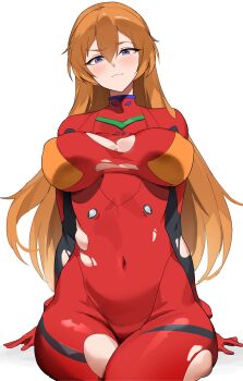 1girl absurdres alternate_breast_size_(larger) alternate_hair_length alternate_hairstyle blue_eyes blush bodysuit breasts brown_hair cowboy_shot curvy evangelion:_3.0+1.0_thrice_upon_a_time hair_between_eyes hair_down hands_in_own_hair highres interface_headset_(evangelion) large_breasts long_hair mecha_pilot_suit neon_genesis_evangelion open_mouth plugsuit_(evangelion) rebuild_of_evangelion red_bodysuit shiny_clothes simple_background sitting smile solo souryuu_asuka_langley t-lex torn_bodysuit torn_clothes white_background wide_hips