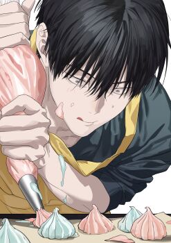 1boy :q absurdres apron black_hair black_shirt chamuring closed_mouth commentary_request grey_eyes han_maru highres holding holding_pastry_bag korean_commentary light_blush male_focus pastry_bag shirt short_hair simple_background solo special_civil_servant tongue tongue_out white_background yellow_apron