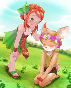 2girls animal animal_ears barefoot black_shorts blush born-to-die bracelet braid brown_fur brown_sandals closed_eyes cloud collarbone crown_braid deer deer_ears deer_girl deer_tail dress flower furry grass green_dress green_eyes green_shirt hair_ornament hand_on_own_knee head_wreath jewelry kneeling leaf_hair_ornament leaning_forward multiple_girls open_mouth original parted_lips pink_flower red_hair sandals shirt short_hair shorts sky sleeveless sleeveless_dress smile standing tail tank_top teeth tree white_flower wristband