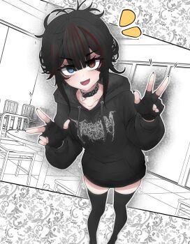 1girl absurdres black_choker black_gloves black_hair black_hoodie black_thighhighs blue_eyes brown_eyes center-flap_bangs choker collarbone commentary commission double-parted_bangs double_w english_commentary fang fingerless_gloves full_body gloves hair_between_eyes heterochromia highres hood hood_down hoodie long_sleeves looking_at_viewer mayoa monochrome_background multicolored_hair notice_lines open_mouth original red_streaks skin_fang smile solo streaked_hair thighhighs w