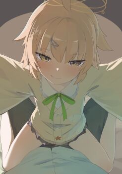 1boy 1girl absurdres black_skirt blonde_hair blush cardigan closed_mouth commentary english_commentary fang fang_out freckles girl_on_top hair_flaps hair_ornament hairclip halo highres long_sleeves looking_at_viewer miniskirt original pleated_skirt pov recklessdraw sera_(avelaka11) shirt short_hair skirt white_shirt x_hair_ornament yellow_cardigan yellow_eyes yellow_halo